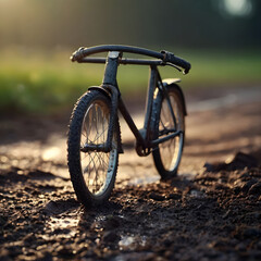Macro shot, close up - tiny retro bicycle in nature in fresh morning atmosphere. Blur in the back. - obrazy, fototapety, plakaty