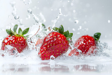 Three Strawberries Splashing Into Water on a White Surface