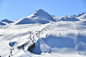 Sk slopes of Courchevel ski resort by winter  - obrazy, fototapety, plakaty