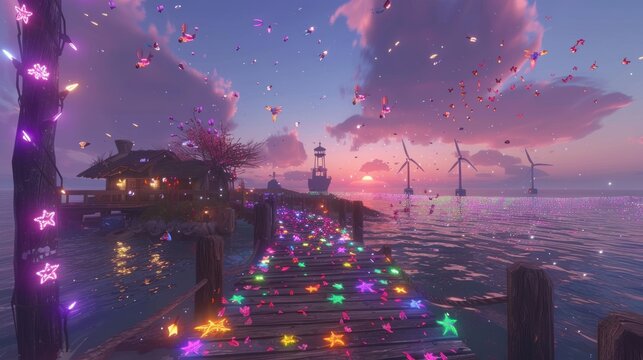 a computer generated image of a pier with colorful lights in the water and windmills in the sky in the background.