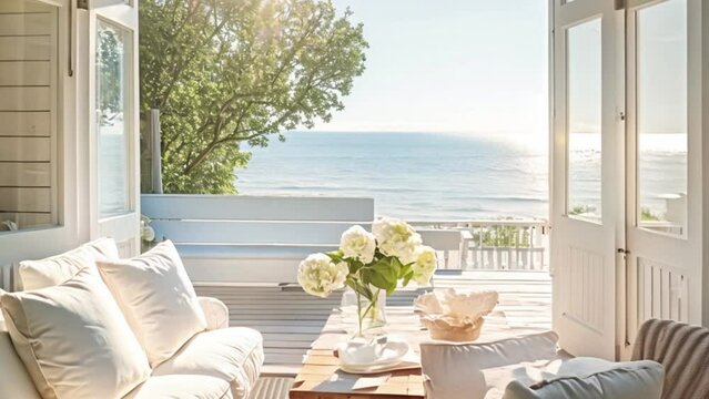 Conservatory room decor, white coastal cottage interior design, garden furniture with sofa and home decor, English country house