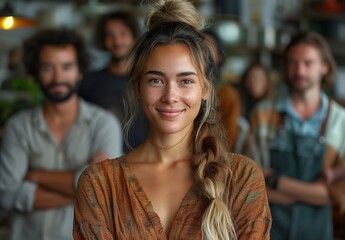 Fototapeta premium A woman stands in front of a crowd, arms crossed, smiling at a fashion event