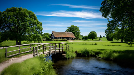 Idyllic Danish Countryside: Tranquil Stream, Lush Fields & Traditional Farmhouse