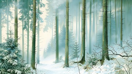 a painting of a snow covered forest with a path leading to a forest with tall trees and snow on the ground.