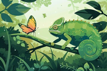 chameleon and butterfly on a branch - obrazy, fototapety, plakaty