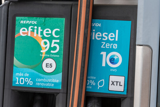 3/13/2024, Jerez de la Frontera, Cadiz; Dispensing device with Efitec 95 Gasoline and Diesel e plus 10 Zero, HVO, the new name for Repsol's 100% renewable diesel. (xtl)