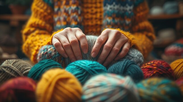 a person's hands holding a ball of yarn in front of a pile of skeins of yarn.