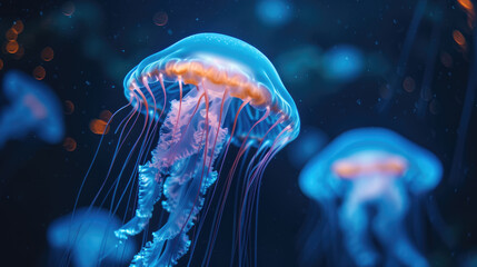 Saltwater illuminated jelly fish close up in deep sea