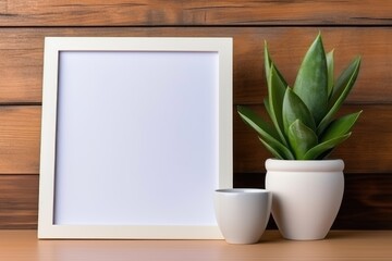 White picture frame, succulent plant, and coffee mug on wooden shelf