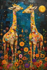 Amidst the moonlit forest, two giraffes stand in quiet contemplation. The deep blue sky above provides a serene backdrop, while colorful flowers add pops of color to the tranquil scene.