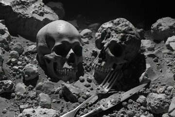 Two human skulls lying on the ground covered in dirt. They are accompanied by a knife and fork, which are placed near them. The background is a pile of rubble, and the entire scene is in black and whi