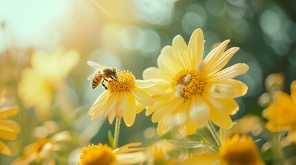 Honey bee on yellow flower collect pollen. Wild nature landscape, banner. - obrazy, fototapety, plakaty