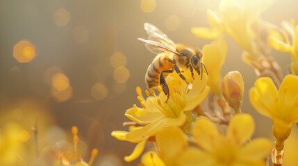 Honey bee on yellow flower collect pollen. Wild nature landscape, banner. - obrazy, fototapety, plakaty