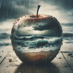 apple graphics with a storm and rain inside it