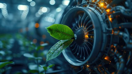 Close up of a jet engine with a green leaf symbol representing the use of eco friendly renewable jet fuel in modern aviation