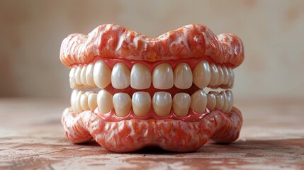 The jaw with the teeth is on the table. 3d illustration - obrazy, fototapety, plakaty