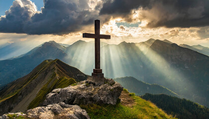 Divine Light: Cross on Mountain Peak Bathed in Sunrays, Easter Sunday, Sacrifice, redemption,...