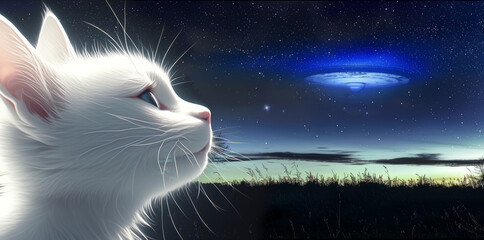 A cat is staring at a UFO floating in the starry sky from atop a hill.