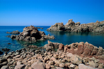 Fototapeta na wymiar Idyllic rocky coast of Costa Paradiso, Porphyry rocks, Sardinia, Italy, Mediterranean sea, Europe