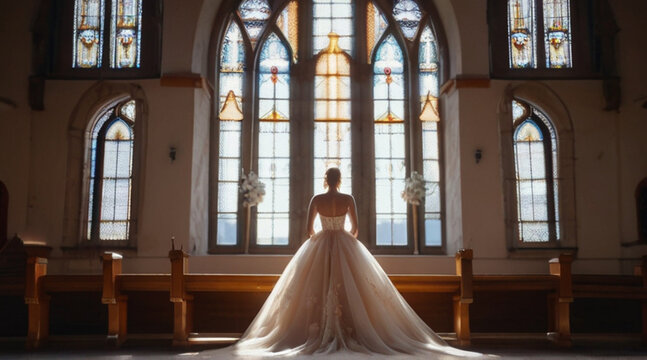 Back view of bride in long elegant wedding dress in the church with beautiful light coming through window