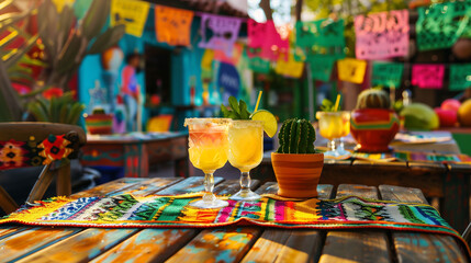 Festive outdoor setting for Cinco de Mayo with colorful margaritas on a vibrant tablecloth, complete with salt-rimmed glasses and lime garnishes, beer bottles, and traditional papel picado