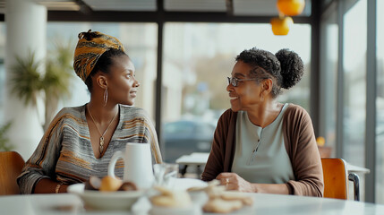 An Afro-American girl in her twenties shares a warm and engaging conversation with her mother in a cafe, highlighting a beautiful generational bond