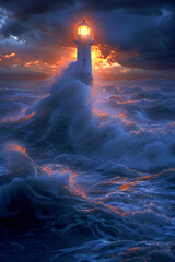 Leuchtturm steht auf seinem Felsen bei Nacht, rauer Seegang, Sonnenuntergang bei Sturm, Gischt, dramatische Wolken