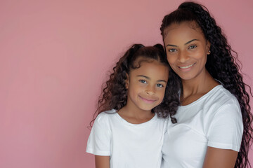 Madre e hija afroamericanas con pelo largo rizado, abrazadas con camiseta blanca sobre fondo rosa - obrazy, fototapety, plakaty