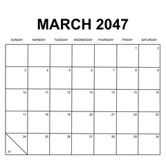 march 2047. monthly calendar design. week starts on sunday. printable, simple, and clean vector design isolated on white background.