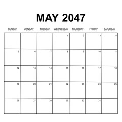 may 2047. monthly calendar design. week starts on sunday. printable, simple, and clean vector design isolated on white background.