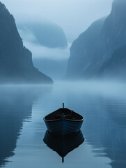 Ein Boot auf einem See, Nebel über dem See, in einer Berglandschaft, Außenaufnahme - obrazy, fototapety, plakaty
