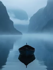 Fototapeten Ein Boot auf einem See, Nebel über dem See, in einer Berglandschaft, Außenaufnahme © SiSter-AI-Art