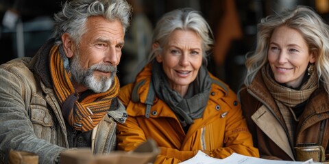 Obraz premium A group of three people dressed in warm clothes sitting at a table with a map and a cup of coffee.