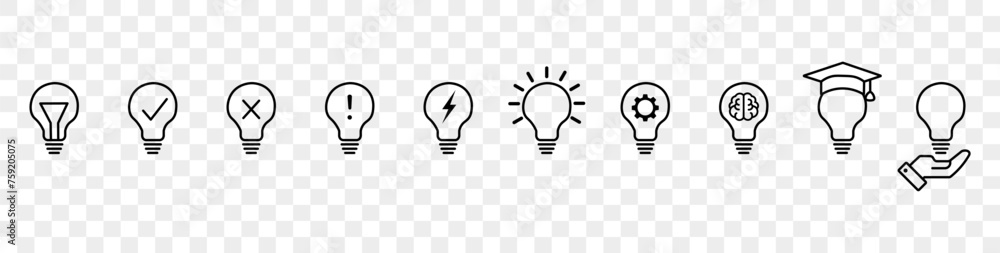 Poster collection of light bulb icons. lamp, ideas icons collection. collection of linear light bulb icons 