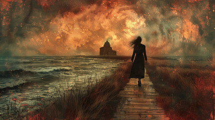 Eine Frau läuft einen Weg entlang, roter Himmel, karge Landschaft, Illustration - obrazy, fototapety, plakaty