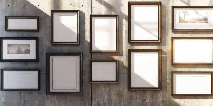 A collection of blank frames decorates a grey wall, offering a clean template for customized photo and picture arrangements.
