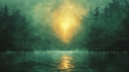 A glowing pool of yellow and green light is surrounded by fog and mist. This image is textured and grain pattern is visible at 100%. - obrazy, fototapety, plakaty