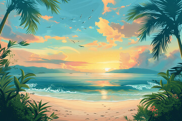 Fototapeta na wymiar tropical beach with palm trees and sea