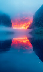 Roter Sonnenaufgang über einem See mit Nebel, Berglandschaft, Außenaufnahme, Spiegelungen im Wasser - obrazy, fototapety, plakaty
