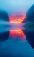 Fototapeten Roter Sonnenaufgang über einem See mit Nebel, Berglandschaft, Außenaufnahme, Spiegelungen im Wasser © SiSter-AI-Art