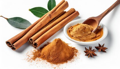 Cinnamon sticks and powder, isolated on white background. high quality photo