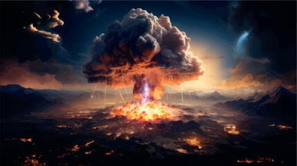 Naklejka premium Big explosion with smoke and ash. Eruption. Explosion of a nuclear bomb vector illustration. Mushroom cloud. Bomb detonation. Attack, war, end of the world. Earthquake, magma, lava.