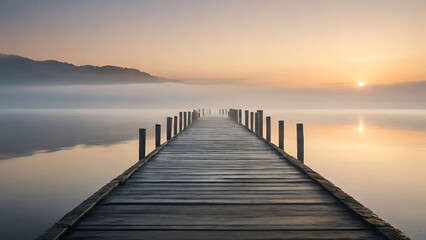 Fototapeta na wymiar Wooden pier at misty dawn in a still sea with winter smoke, Generative AI
