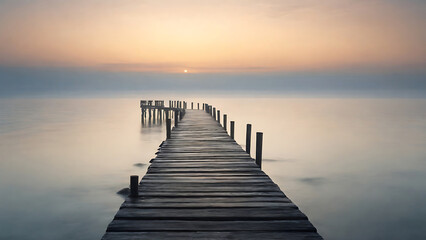 Fototapeta premium Wooden pier at misty dawn in a still sea with winter smoke, Generative AI