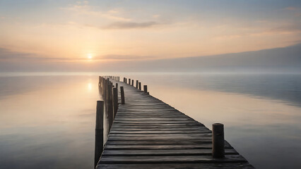 Wooden pier at misty dawn in a still sea with winter smoke, Generative AI