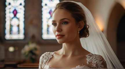 Fototapeta premium Beautiful bride in elegant wedding dress in the church with beautiful light coming through window