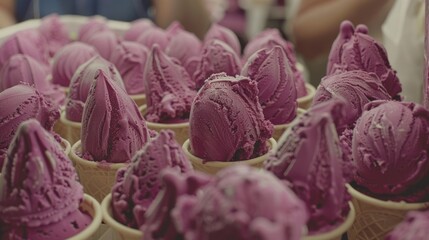 a group of ice cream cones sitting on top of a table covered in purple frosting and sprinkles.