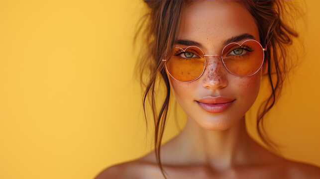 studio portrait of a happy cool young woman wearing heart shaped sunglasses, studio shot against a yellow background