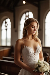 Beautiful bride in elegant wedding dress in the church with beautiful light coming through window
