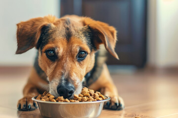 Beautiful adorable dog sitting next to a food bowl. Cute domestic animal. Generative AI